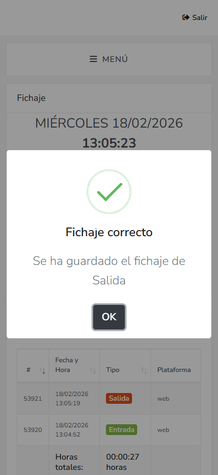 Pantalla de fichaje empleado